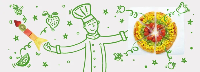 Un chef souriant entouré d'aliments et d'étoiles. Il a deux plats : une pizza aux légumes, et une brochette aux fruits.